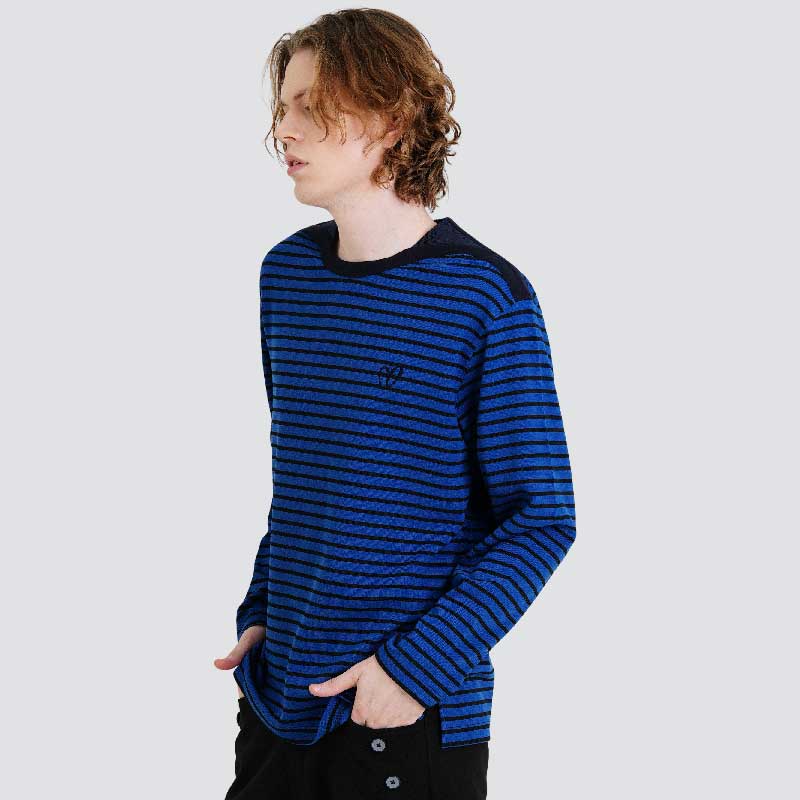 CUSTOMUS Contrast Shoulder Yarn-Dyed Stripe Long Sleeve Round Neck T-Shirt Cxs25Fkrt802 Blu