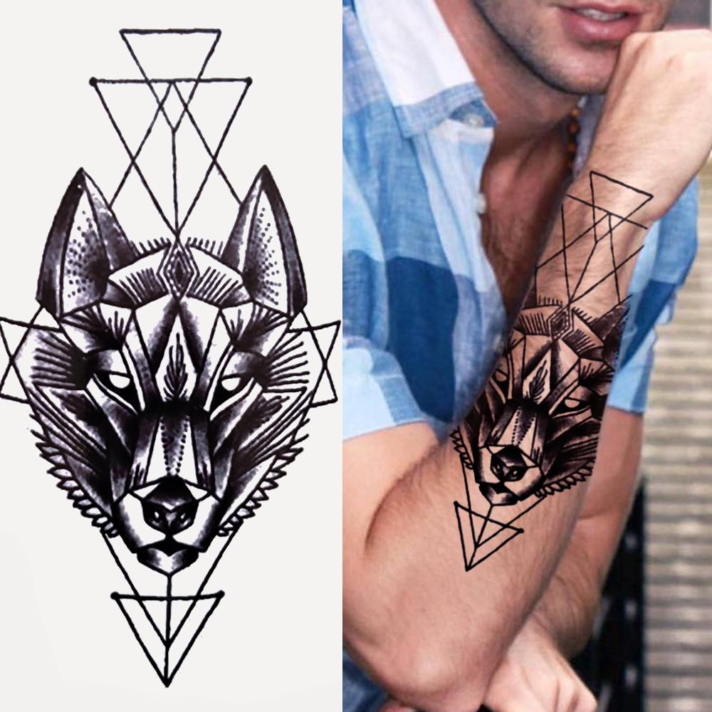 Geometry Owl Temporary Tattoo For Women Fake Wolf Tiger Deer Triangle Tatoo Sticker Black Moon Flower Body Art Tattoos Paper
