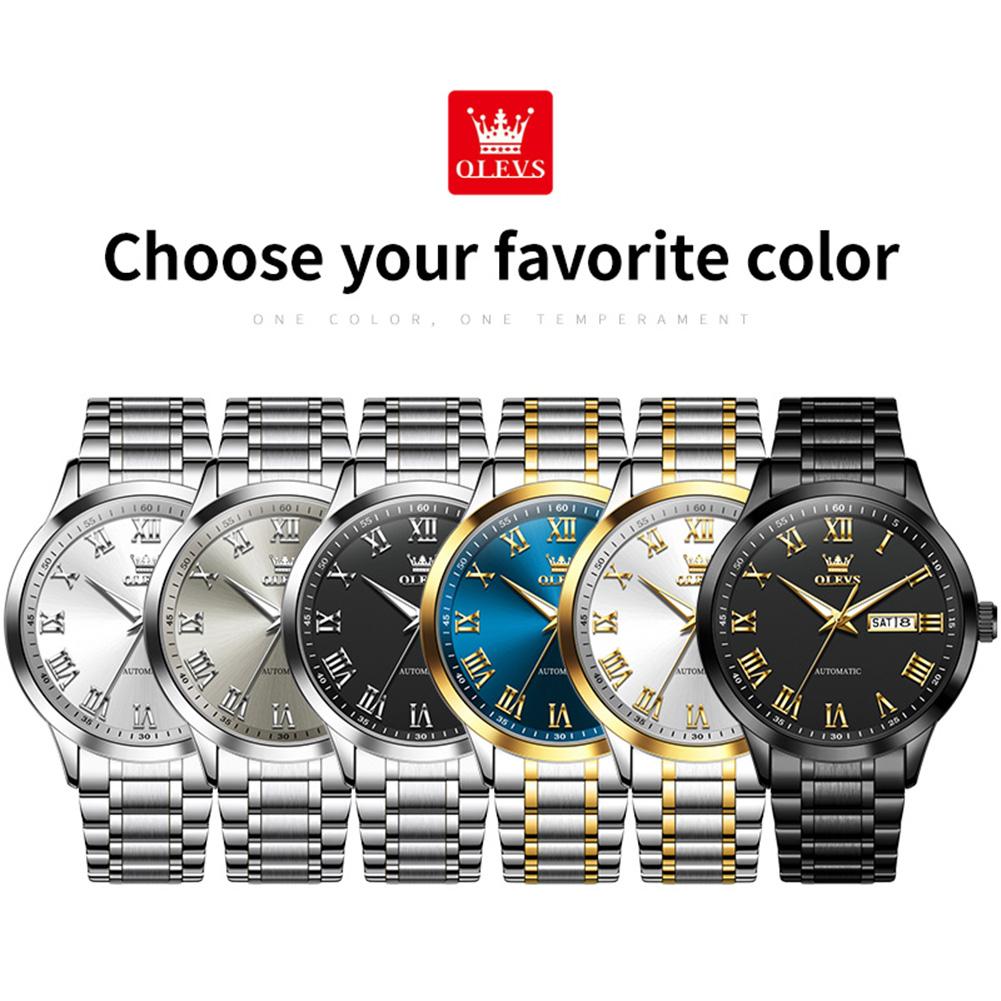 OLEVS 7075 Watches For Man Luxury Original Mechanical Watch For Men Week Calendar Waterproof Automatic Hand Clock Steel Strap