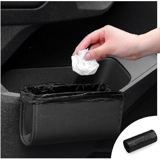 Car Trash Can, Leather Car Trash Bin Door Organizer With A Roll Of Garbage Bag, Foldable Hanging Mini Cars Storage Must Have Essentials Interior