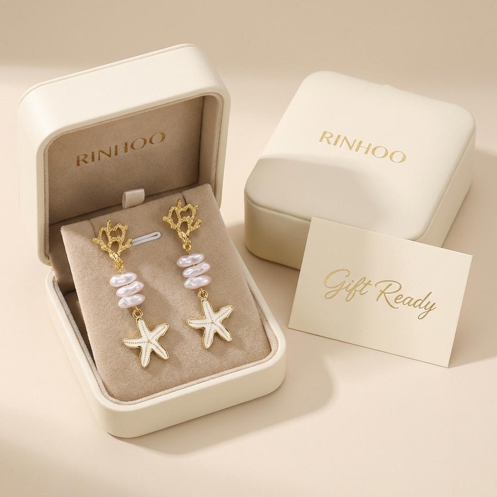 Gold Color Coral Starfish Dangle Earrings for Women Trendy White Enamel Lustrous Imitation Pearl Drop Studs Pretty Beach Jewelry