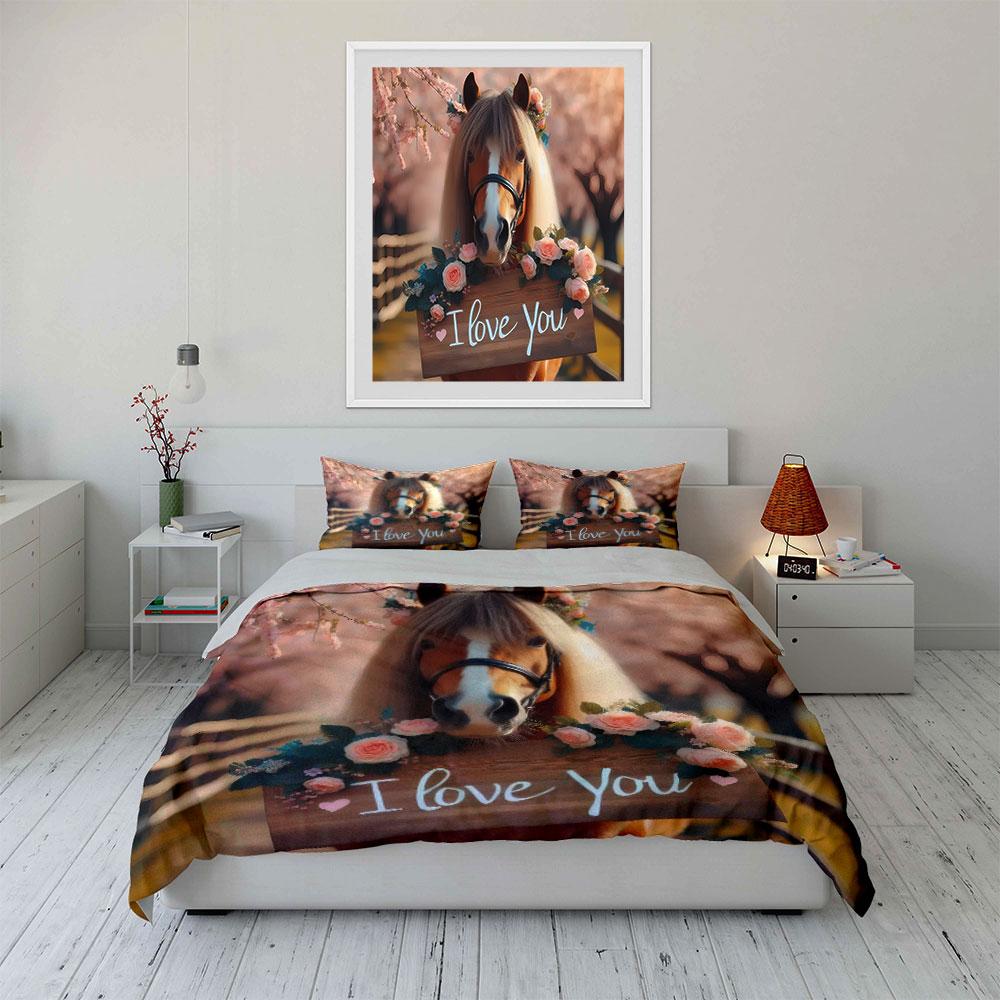 Romantic Floral Horse Decor Set Bedding Set with 1 Duvet Cover 2 Pillowcases Single Double King Queen Gift