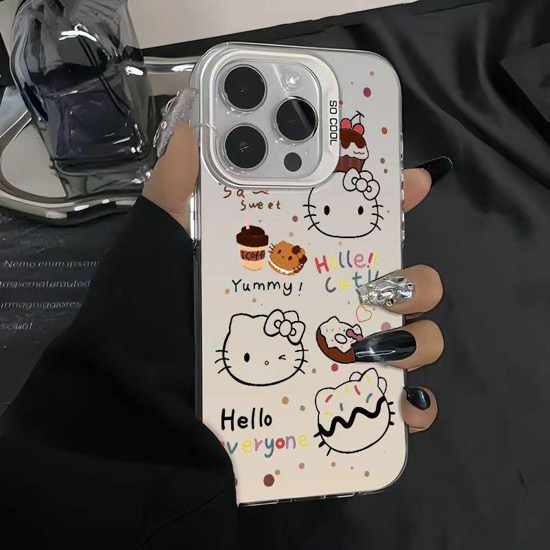 Full-screen Hello Kitty phone case for iPhone 16 Pro Max, cute cartoon design, 14/13/12/11, double-layered, colored silver.