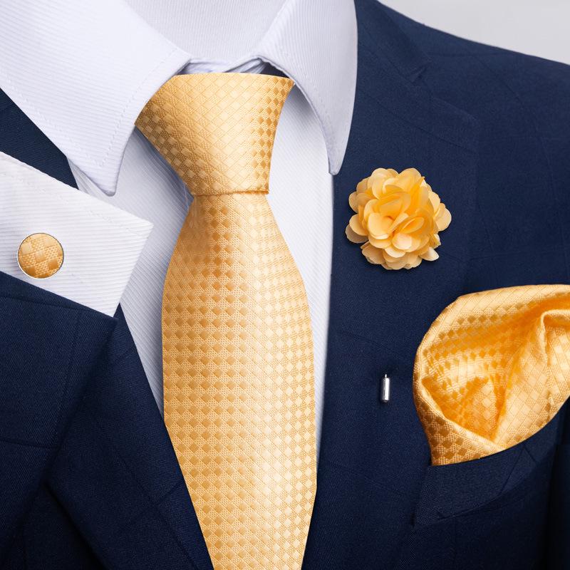 Brown Paisley Men's Tie, Pocket Square, Cufflinks & Boutonniere Set for Business Formal Wear.