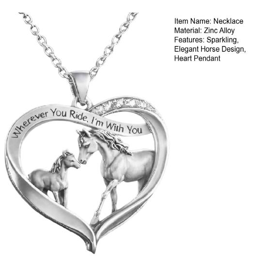 Horse Necklace for Women Heart Horse Pendant Necklace Sparkling Rhinestone Family Love Jewelry Gift for Mother Daughter Birthday Mother's Day