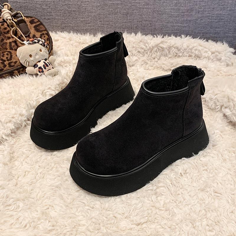 Women's Fashion Platform Snow Boots Winter New Round Head Suede Back Zipper Anti-slip Wear-resistant Short Boots