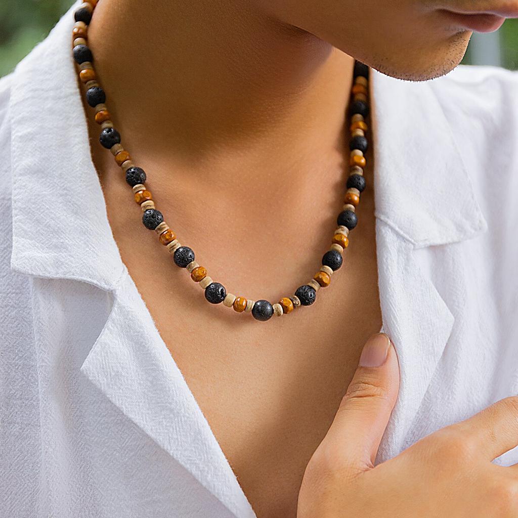 Retro Boho Drewniany Koralik Kamienna Łańcuszkowa Naszyjnik dla Mężczyzn Punk Prosty Krótki Choker na obojczyk Akcesoria Y2K Biżuteria Modowa Prezent Impreza