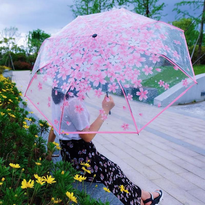 Creative Hand Movement Transparent Male Female Umbrella Cherry Blossom Style Personalized Couple Student Clear Beach Umbrella