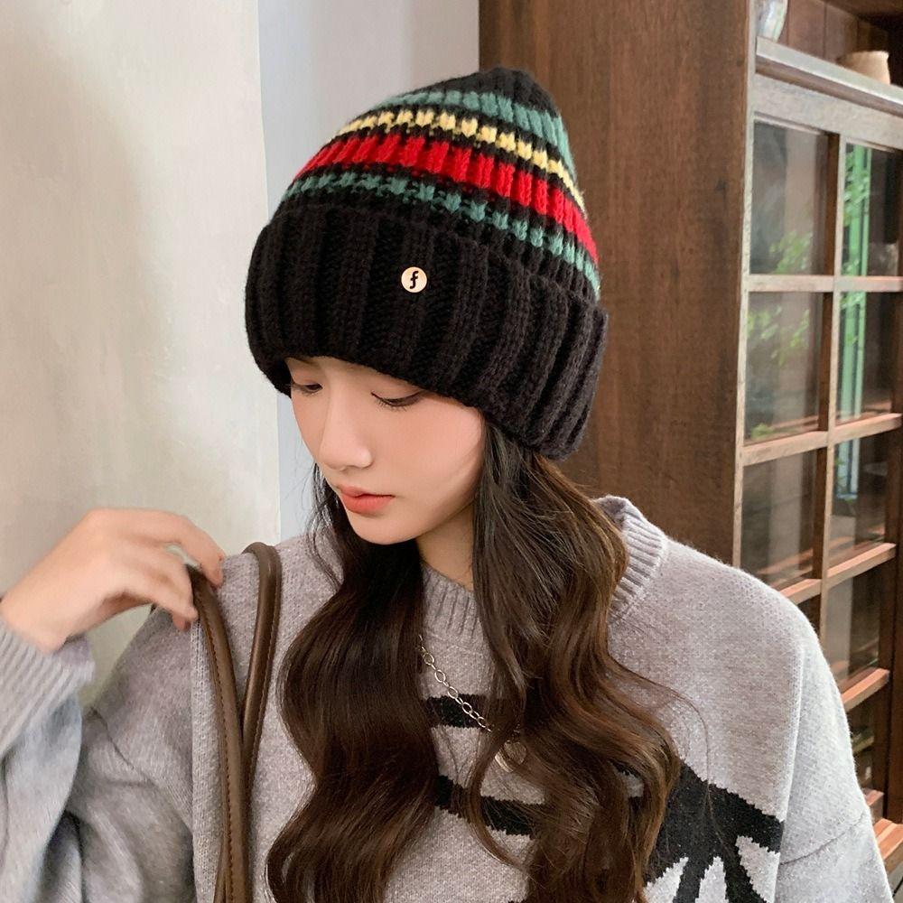 Trendy Casual Wool Hat Vintage Winter Pullover Hat Fashion Striped Knitted Hat  Outdoor
