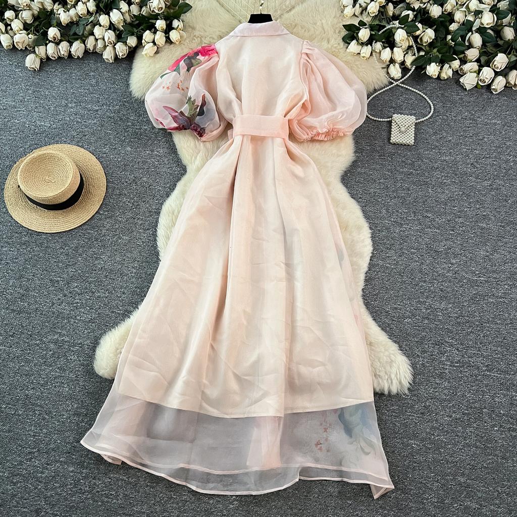 Rochie elegantă franceză de vară pentru femei, stil curte, curea în talie, mânecă floare tridimensională, rochie din plasă imprimată