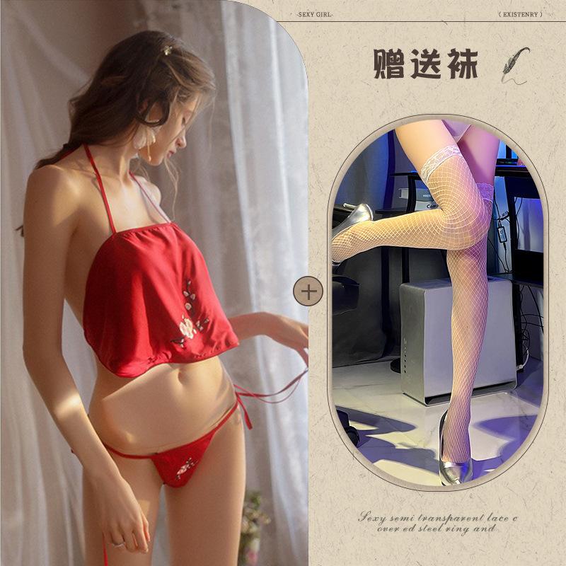 Sexy Dessous Retro Bauchtasche Bestickte Schnürung Verführung Damen Uniform Set Flirt Lingerie