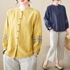 Spring Cotton Linen Plus Size Long Sleeve Embroidered Floral Top for Middle-Aged Women