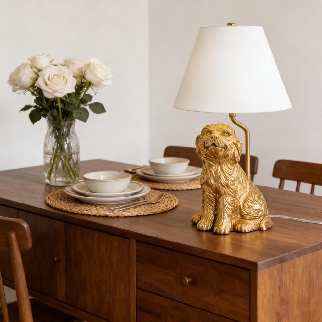Heimdekoration Serie: Hundeförmige Tischlampe mit goldlackiertem Schirm und konischem Leinen-Schirm