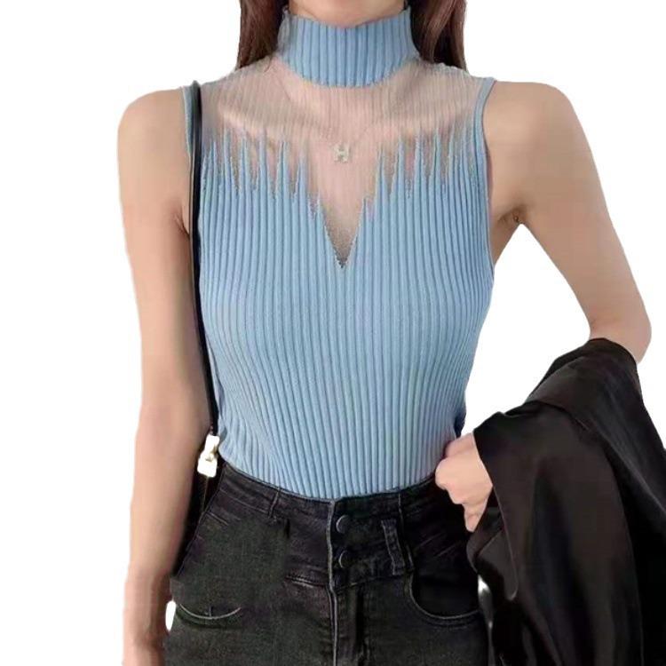 Sleeveless High-Neck Mesh Hollow-Out Women's Knit Top