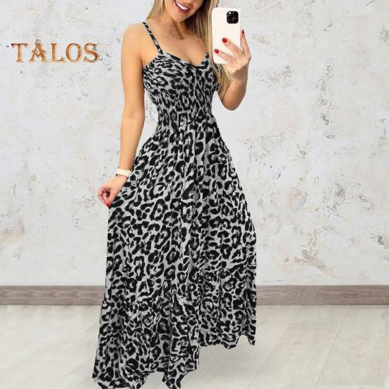 Women Strappy Dress Leopard Print Low-cut V Neck Sleeveless Tight High Waist Color Matching Backless Big Hem Vacation Beach Maxi Dress