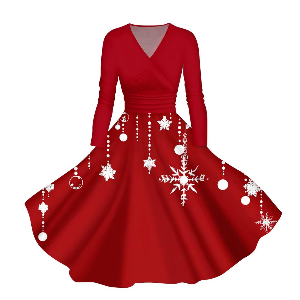 Abito casual da donna con scollo a V, maniche lunghe, stampa natalizia retrò, autunno