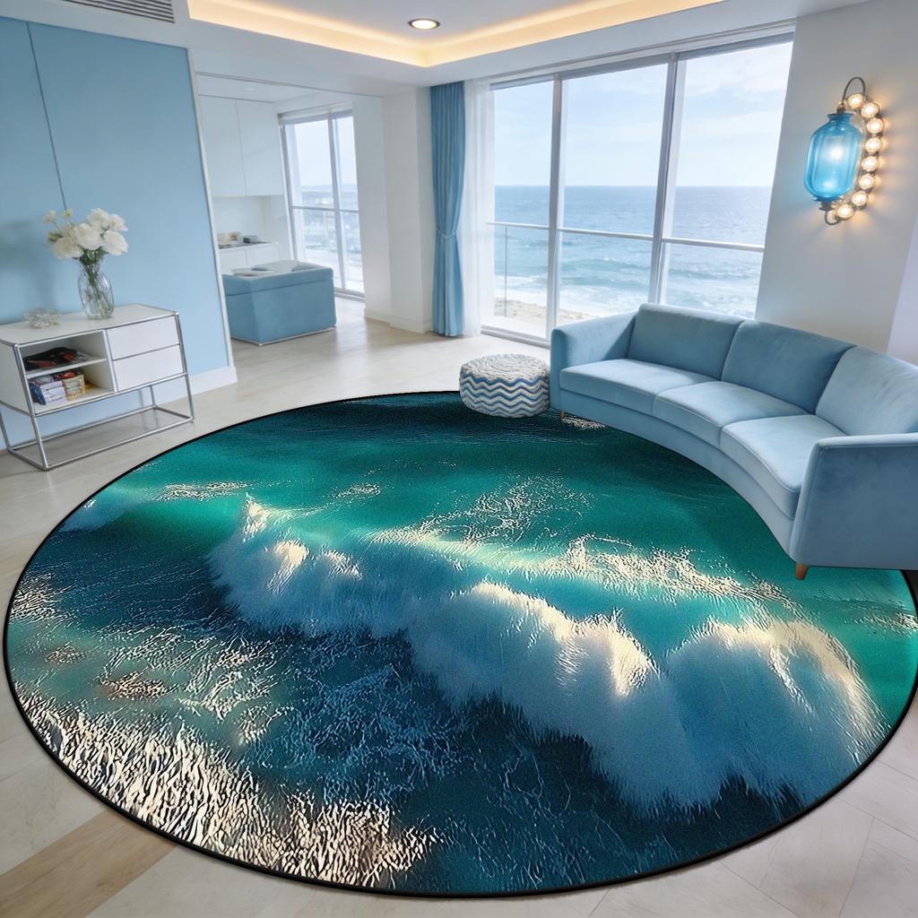 Immersive Wave Beach Round Carpet for Living Room Decoration Terrace Courtyard Antiskid Rug Easy Clean Fluffy Mat for Children