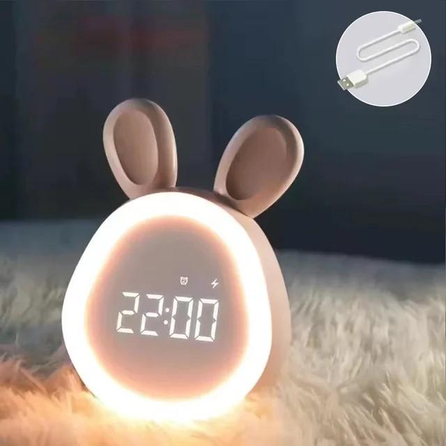 Mini Cartoon Rabbit LED Alarm Clock Night Light for Students Dormitory Digital Display Children Wake Up Light USB Charging