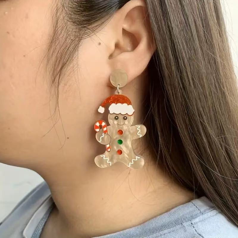 A Pair Christmas Hat Candy Cane Gingerbread Man Acrylic Earrings Cartoon Festive Atmosphere Girl Christmas Outfit Matching Ea