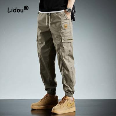 Klassieke Mode Patch Meerdere Zakken Heren Cargobroek Taille Trekkoord Dunne Strik Eén Voeten Street Casual All-match Broek