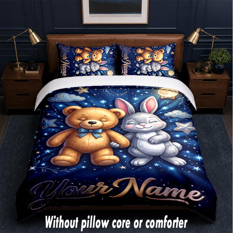 Teddy Bear Theme Custom Text Or Name 3Pcs Bedding Set,1 Flat Sheet & 2 Pillowcases Personalized Home Bedding