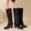 Krazing Pot Cow Split Skin Round Toe thick high Heels Knight Boots Size 46 Size 45 Slip on Plus Size Women Metal Buckle Thigh High Boots