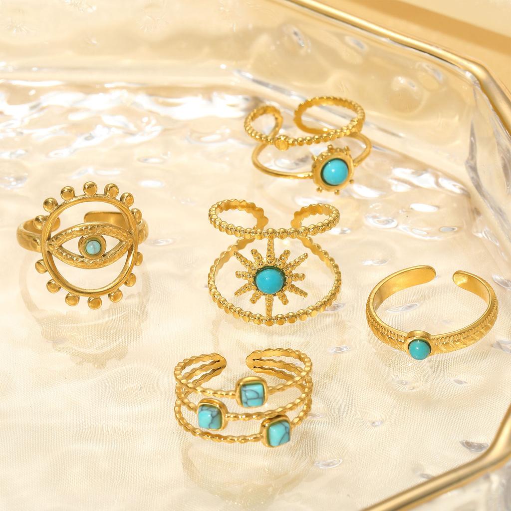 Stainless Steel Ring, Vacuum Plated 18K Gold Star Eye Turquoise Open Jewelry.