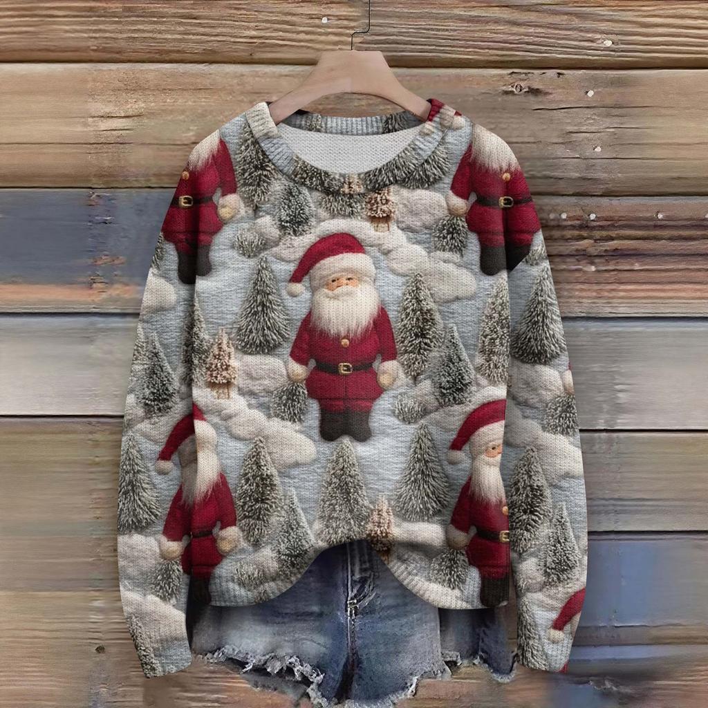 Long Sleeve Pullover Sweaters For Women O Neck Casual Cute Printing Knit Oversized Sweater