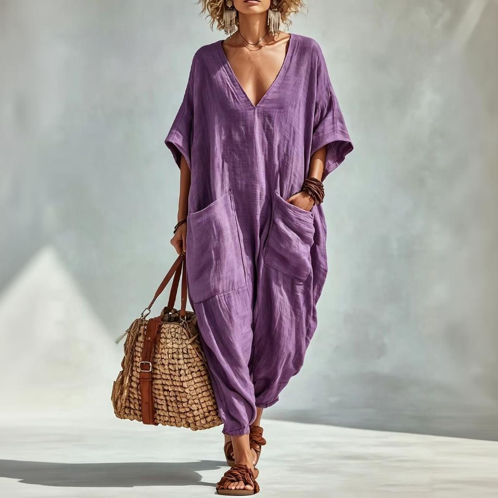 Women's Linen V Neck Jumpsuit with Pockets Wide Leg Romper