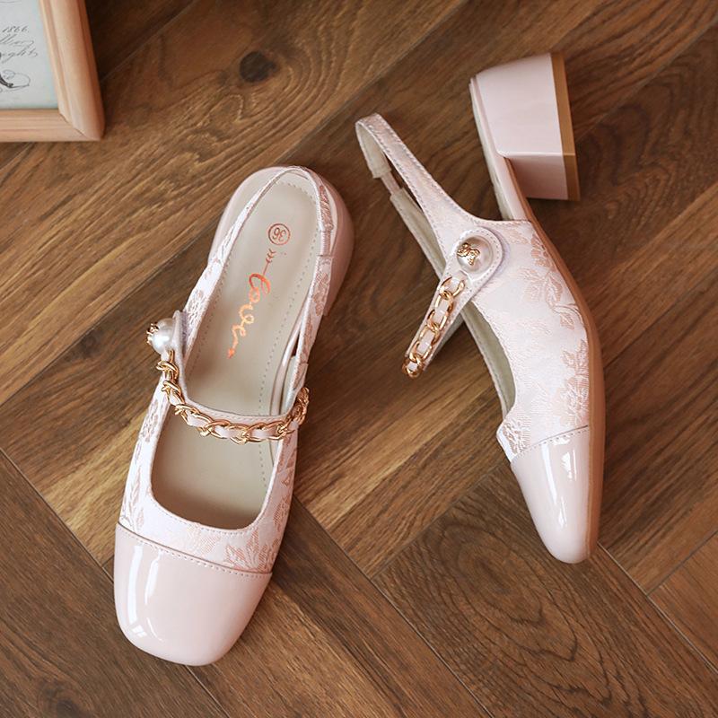 Baotou printed sandals summer new light mouth pearl buckle single shoes thick heel Mary Jane women's shoes women's