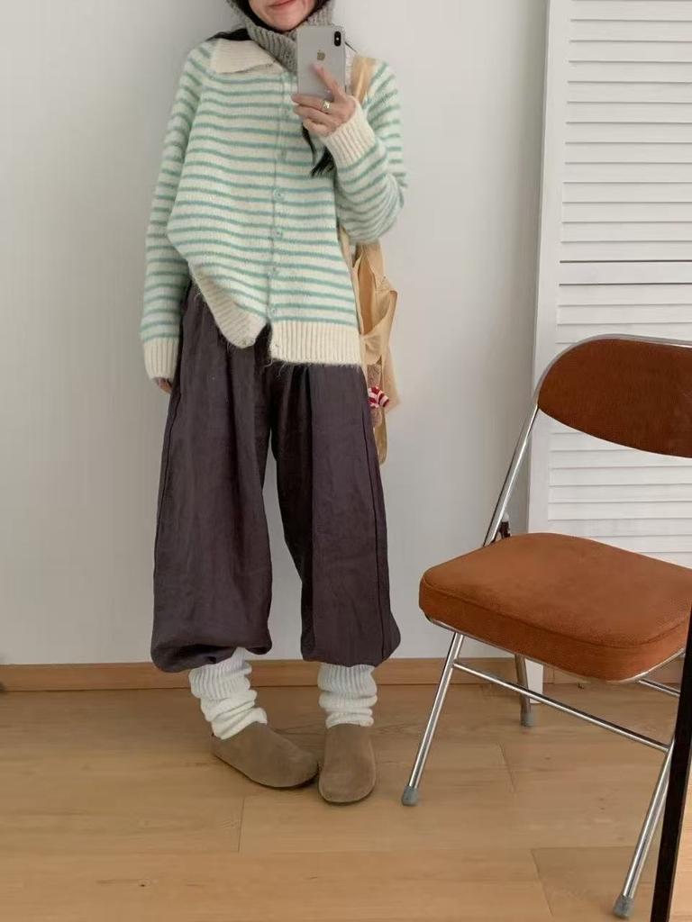 Striped lapel knitted cardigan women's clothing autumn and winter new loose casual gentle wind sweater jacket women