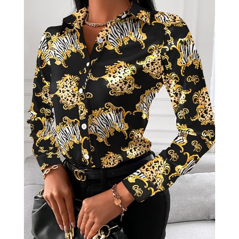 Podzimní volné dámské módní univerzální košile s dlouhým rukávem, výstřihem do V, potiskem na knoflíky