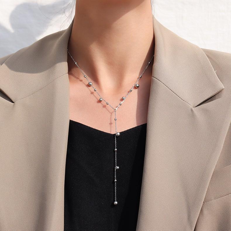 Trendy Women's Titanium Steel Tassel Necklace with Round Beads - Versatile Clavicle Chain Jewelry