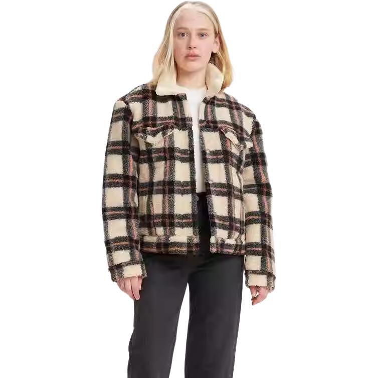 Levis Plaid Minimalist Comfortable Long Sleeve Fleece Jacket Women Jackets White A0826-0000