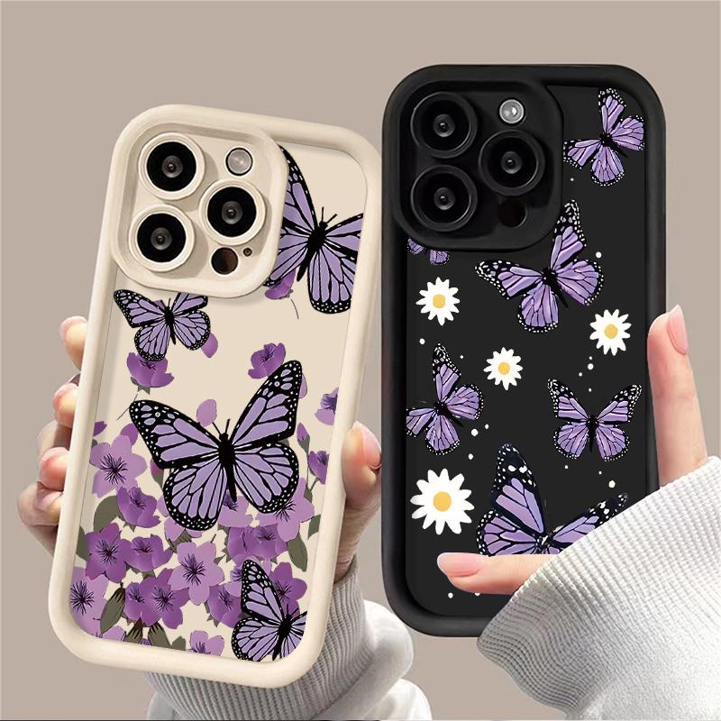 Funda de teléfono artística con mariposa morada para iPhone 16 15 14 13 12 11 SE Plus Pro Max, Silicone shockproof soft case