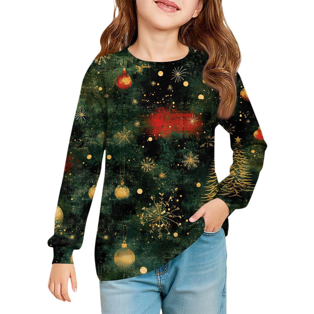 Christmas Day Girls' Long Sleeve Blouse - Round Neck Soft Waist Tunic