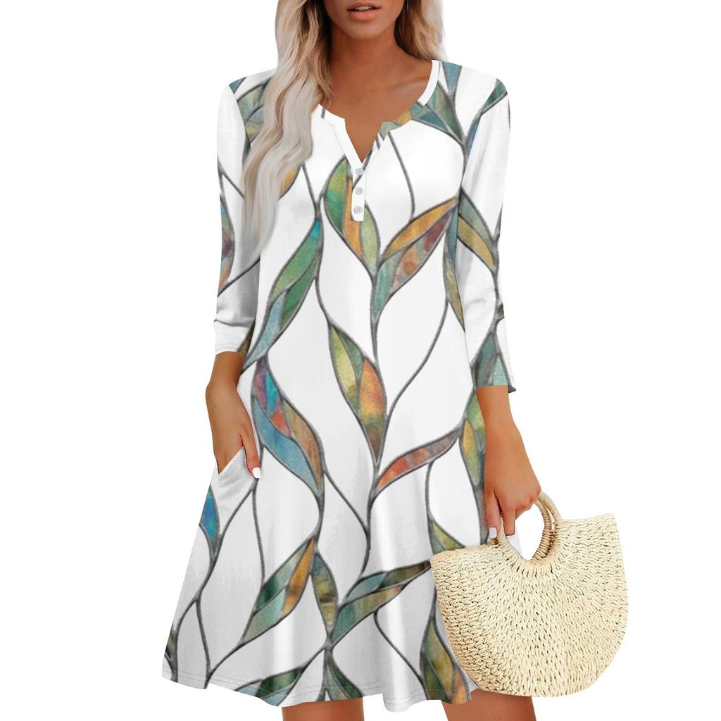 Women's Summer Dress Loose V Neck Three-quarter Sleeve Sundress With Pockets Dress