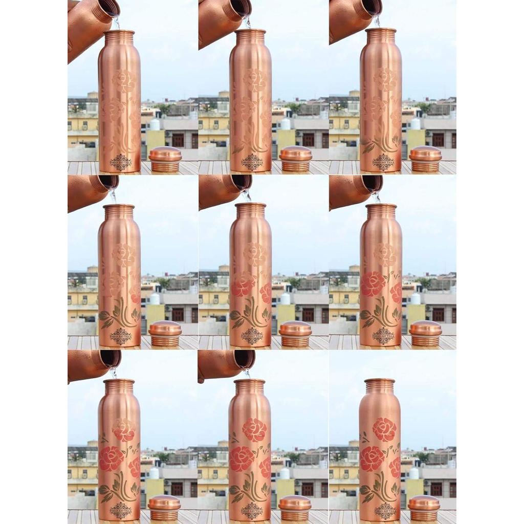 Pure Copper Water Bottle With Colour Changing Magical Floral Rose Design, Drinkware & Storage Purpose, Ayurvedic Health Benefits, Volume-1000 Ml