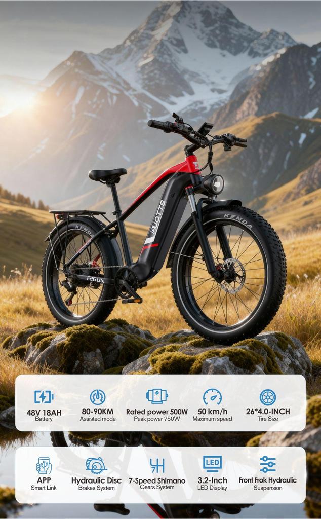 DUOTTS F26 Lite Elektrofahrrad für Erwachsene 500W Motor 48V 18Ah Akku 26*4.0 Zoll Reifen 50km/h Max. Geschwindigkeit 90km Max. Reichweite Shimano 7-Gang