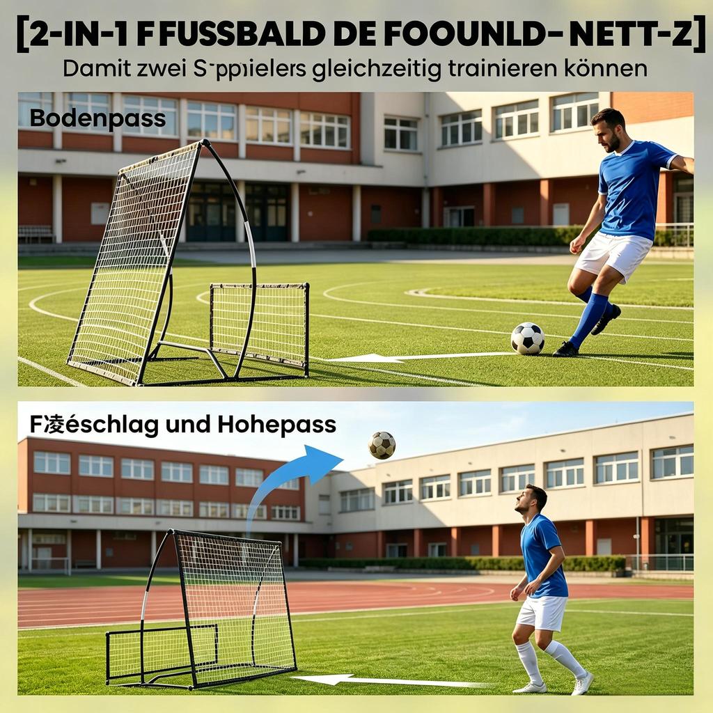 Portable 2-in-1 Football Rebound Net, Double-Sided, Incl. Carrying Bag and Ground Stakes, Dimensions 200x94x122/52 cm, Black