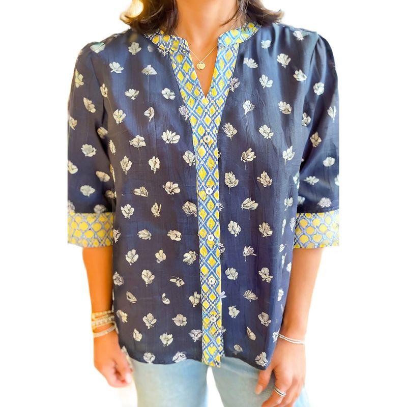 

American Shiying Niche Floral Print Single-Breasted Shirt Women 2025 Summer New Color Matching V-neck Shirts Dark Blue Size L fit (62.50 kg-70.00 kg