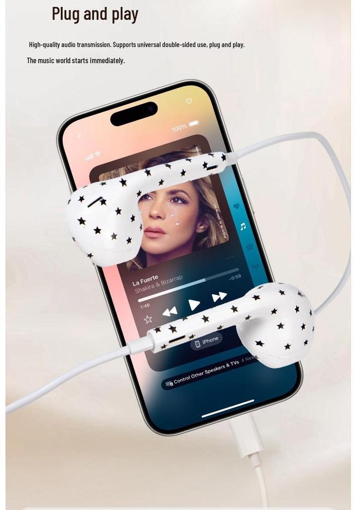 Fones de Ouvido com Fio Tipo-C Cartoon Floral Estrela com Microfone