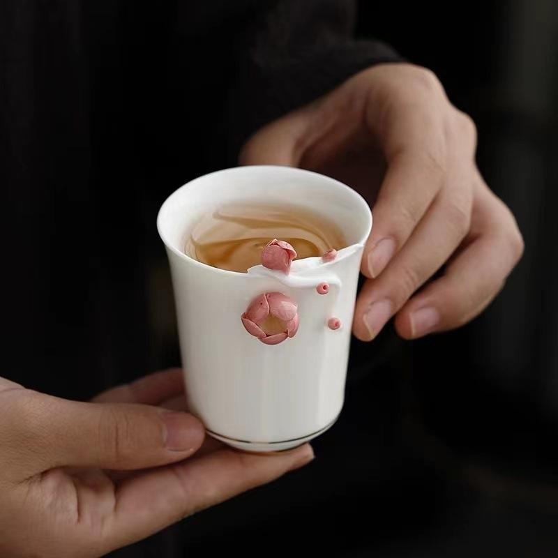 Handmade Floral Embossed Carved Relief Porcelain Tea Cup 80ml Chinese Kungfu Ceramic Cup for Ladies Holiday Gift
