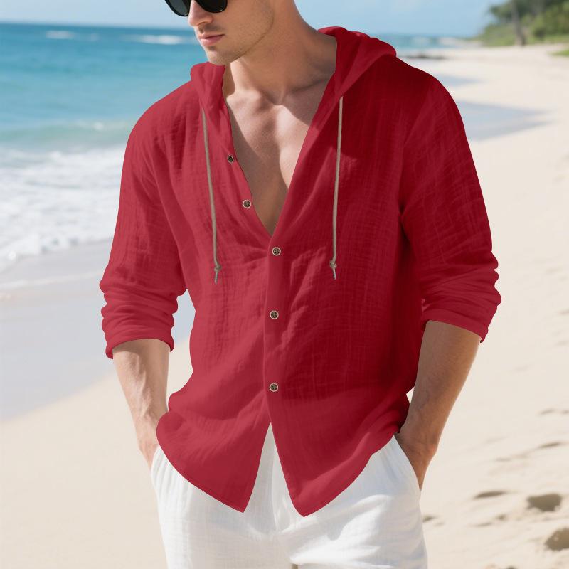 Oversized Shirt - Spring/Autumn Loose-Fit Solid-Colour Linen Men's Casual Long-Sleeved Hooded Cardigan