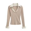 Women's Autumn Striped Patchwork Two-Piece Look Long Sleeve Slim Fit Top