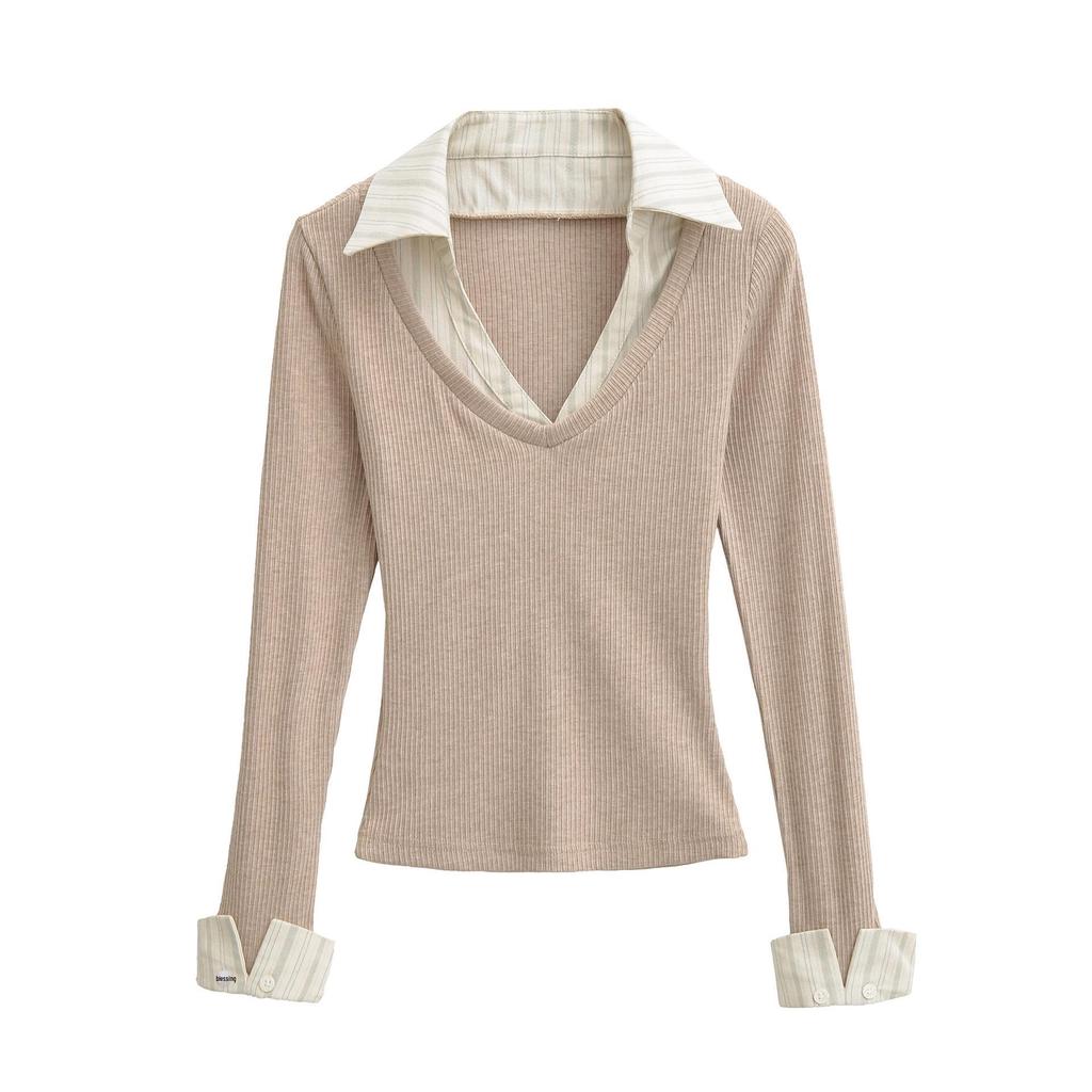 Women's Autumn Striped Patchwork Two-Piece Look Long Sleeve Slim Fit Top
