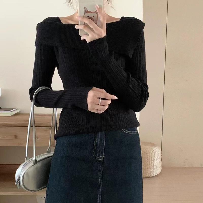 Temperament one-word shoulder base sweater women's autumn and winter inner long-sleeved lapel knitted sweater unique chic top women