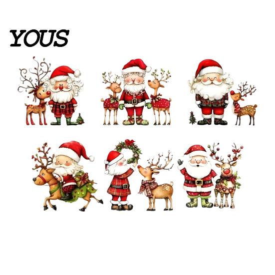 Festive Wall Decorations Christmas Stickers, Watercolor Santa Claus Reindeer Decals, Self-Adhesive Art Stickers for Living Room Bedroom Entryway