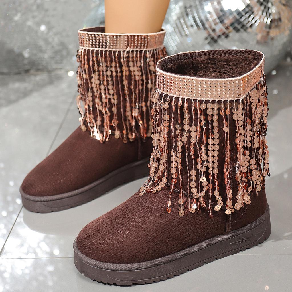 Fashion Fashion Sequins Tassels Snow Boots for Women 2025 Winter Slip On Mid Calf Boots Woman Warm Thick Plush Cotton Padded Shoes