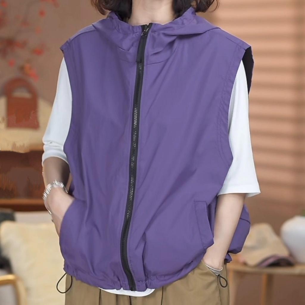 Double Sided Sleeveless Hooded Jacket for Women Autumn Loose Drawstring Zipper Top Solid Color Versatile Vest
